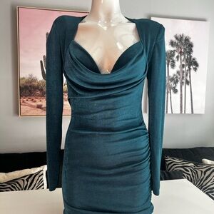 Teal Draped Neck Ruched Bodycon Dress • Long Sleeve•Shoulder Pads/ Holiday (M/L)